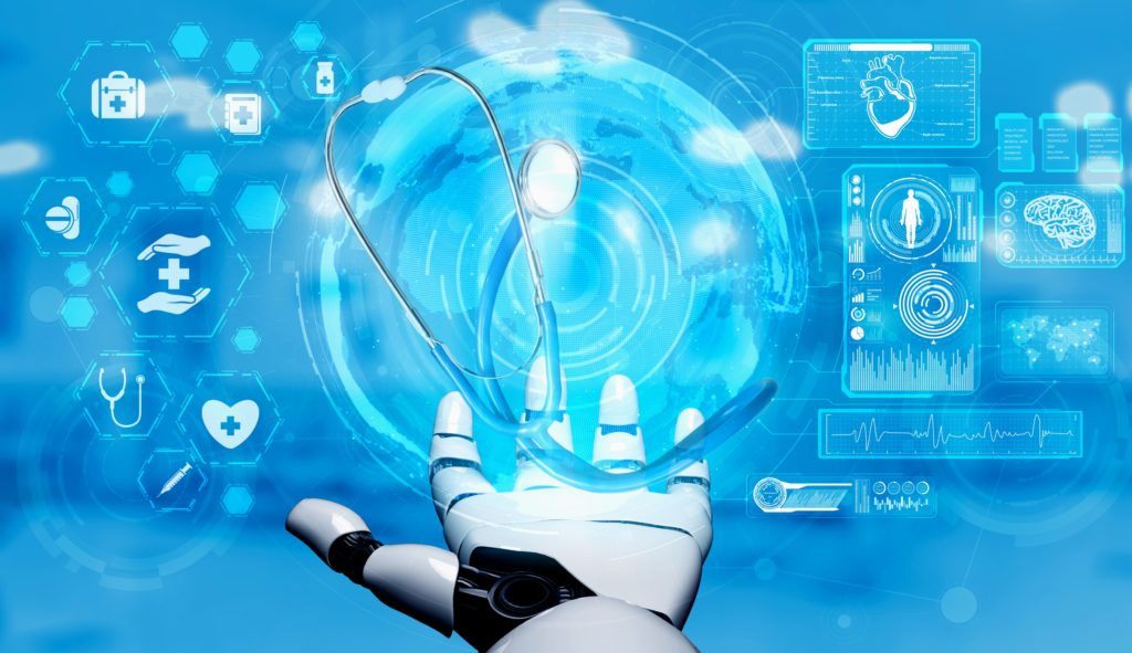 3D rendering medical artificial intelligence robot working in future hospital. Futuristic prosthetic healthcare for patient and biomedical technology concept.