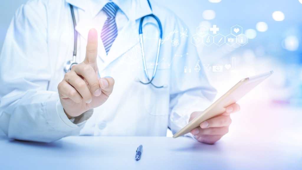 Close up of Doctor is showing medical analytics data, Medical technology concept
