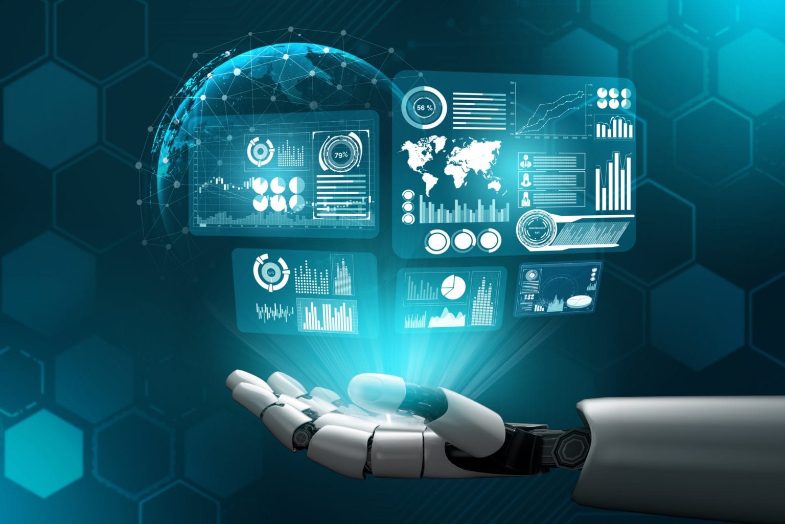 3D Rendering futuristic robot technology development, artificial intelligence AI, and machine learning concept. Global robotic bionic science research for future of human life.