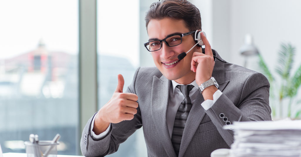 Happy call center rep in the healthcare and pharma industry.